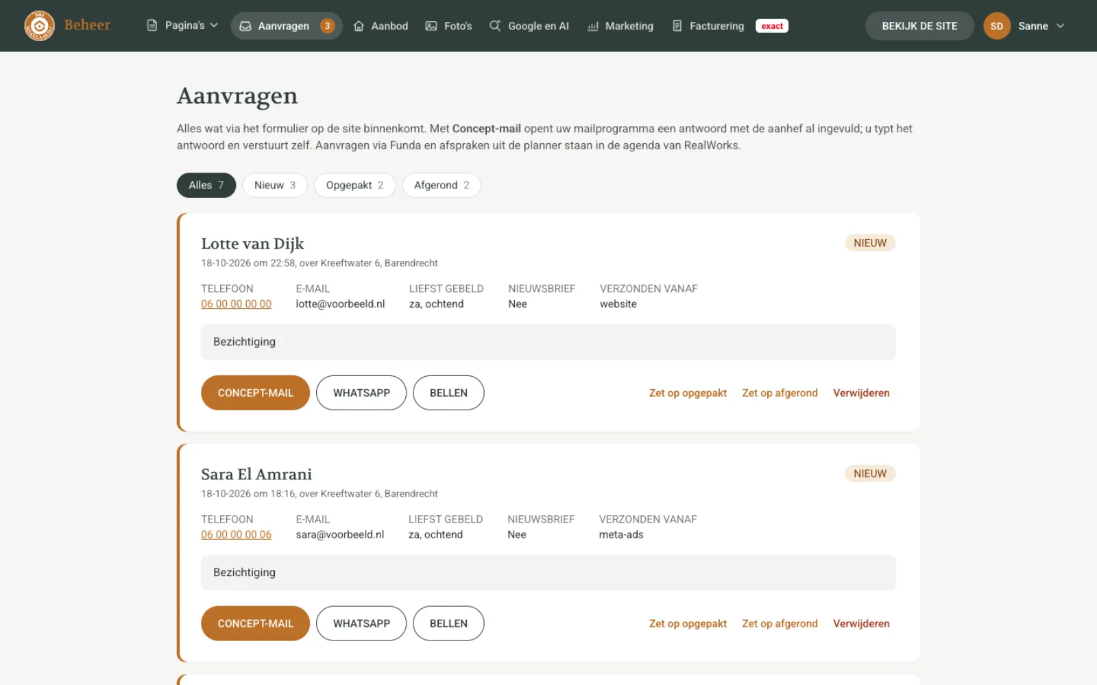 Het beheersysteem van B&S Makelaardij, met aanvragen, pagina's, marketing en facturering via Exact.
